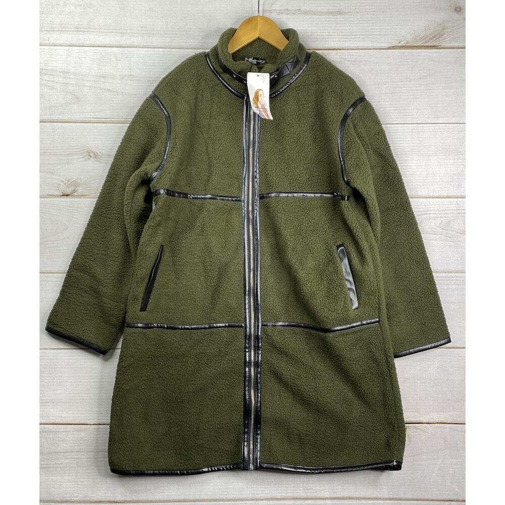 Pretty Garden Jacket Womens L Green Black Piping Winter Coat Fuzzy Fleece Sherpa